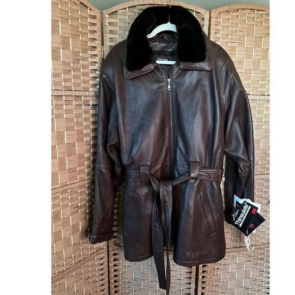 NWT OS Tiboa Vintage Brown Leather Jacket/Faux Fur Collar/Belt/Brown Size XXL - Picture 1 of 14